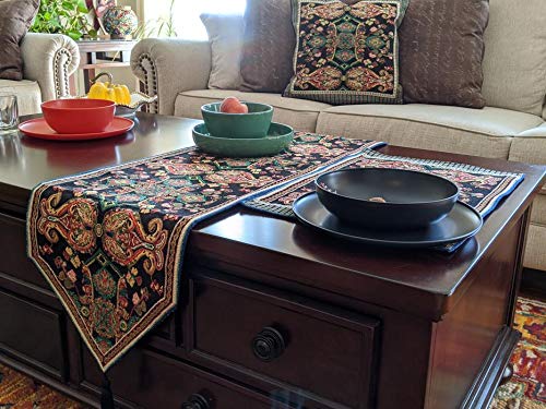 Tache Rococo Elegant Ornate Black Green Paisley Dining Cotton Linen Tapestry Woven Table Runner With Tassels 13X90