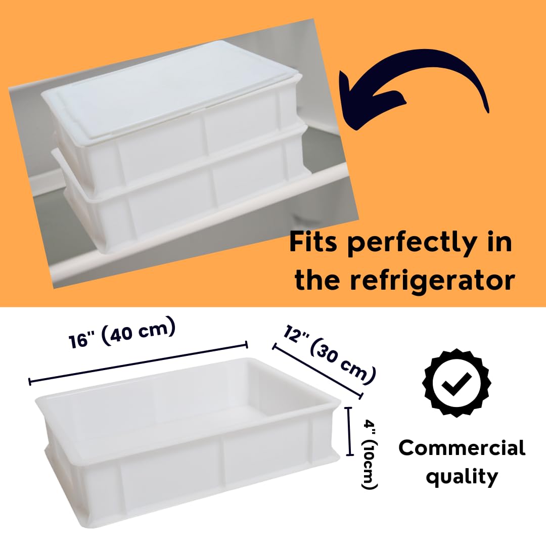 Home Refrigerator Size, Dough Proofing Box Tray (2 Pack + 1 Lid), White Stackable, Commericial Grade, Pizza Proofing Dough Pan W