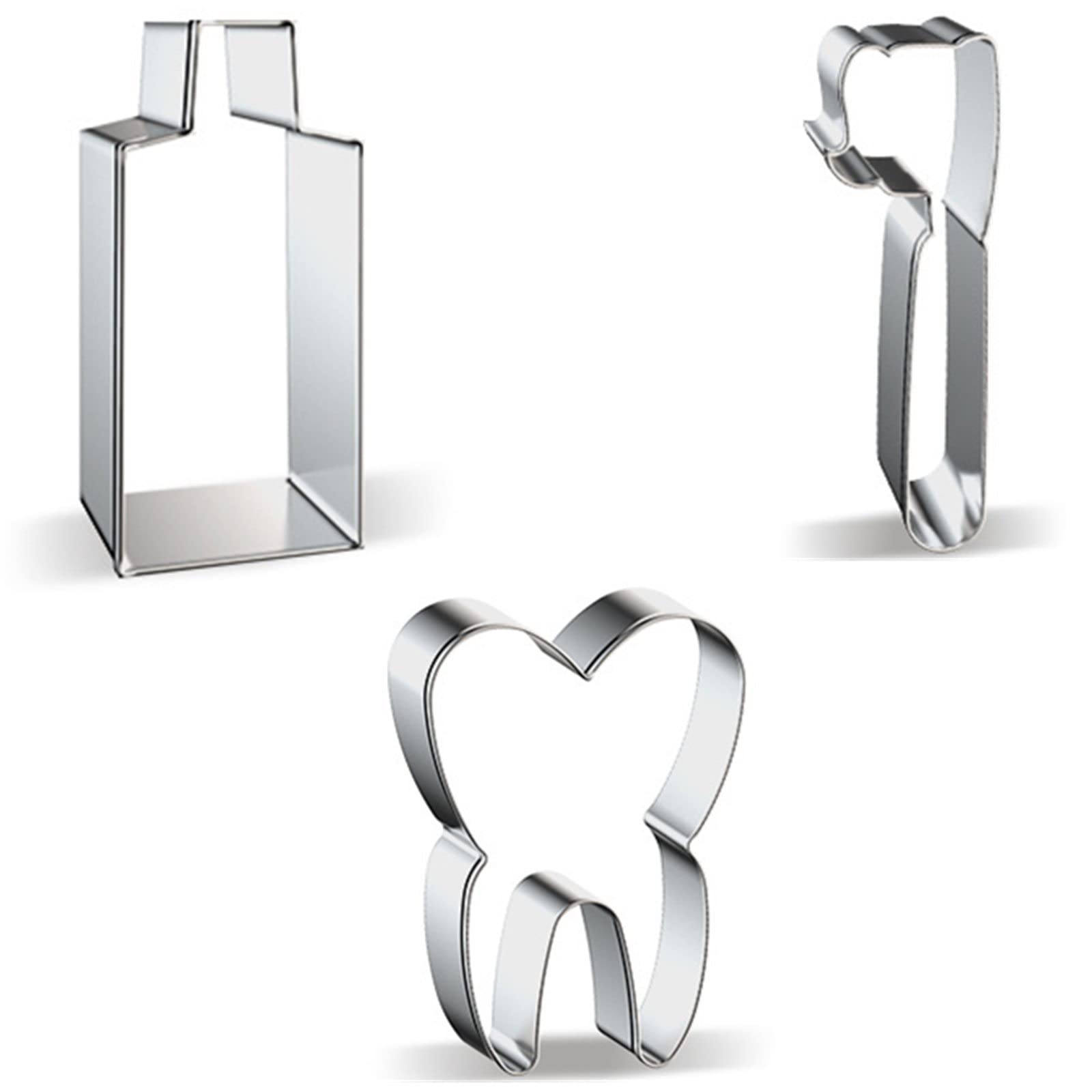 Mini Tooth Series Cookie Cutters Set Of 3 Pcs, Stainless Steel Fondant Cutter Molds Baking Diy (Toothpaste+Toothbrush+Tooth)