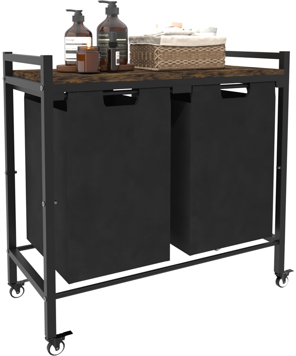 Waaliji 12 X 2 Gal Large Laundry Hamper With Wheels, 2 Pull-Out & Removable Sorter Bags, Freestanding Clothes Basket Organizer F