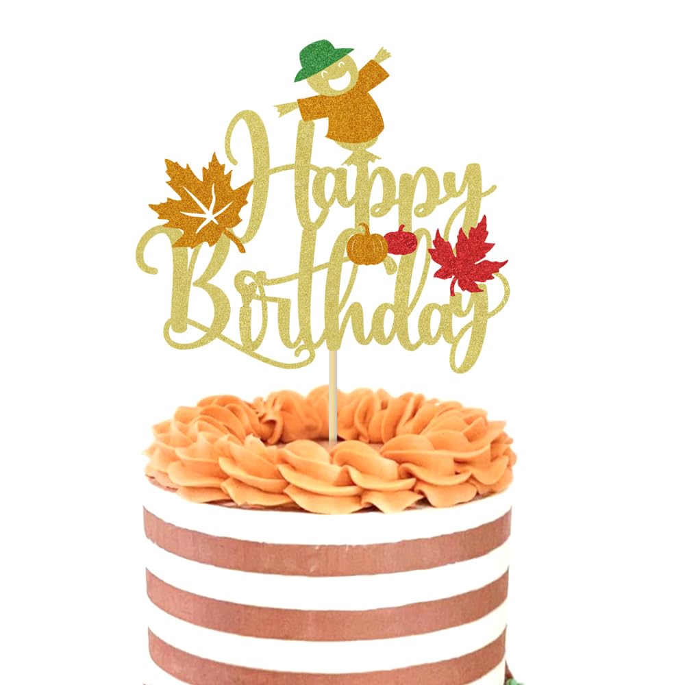 Lgaiehjc Pumpkin Happy Birthday Cake Topper Glitter Autumn Fall Maple Leaves Thanksgiving Birthday Cake Pick for Baby Shower Pum