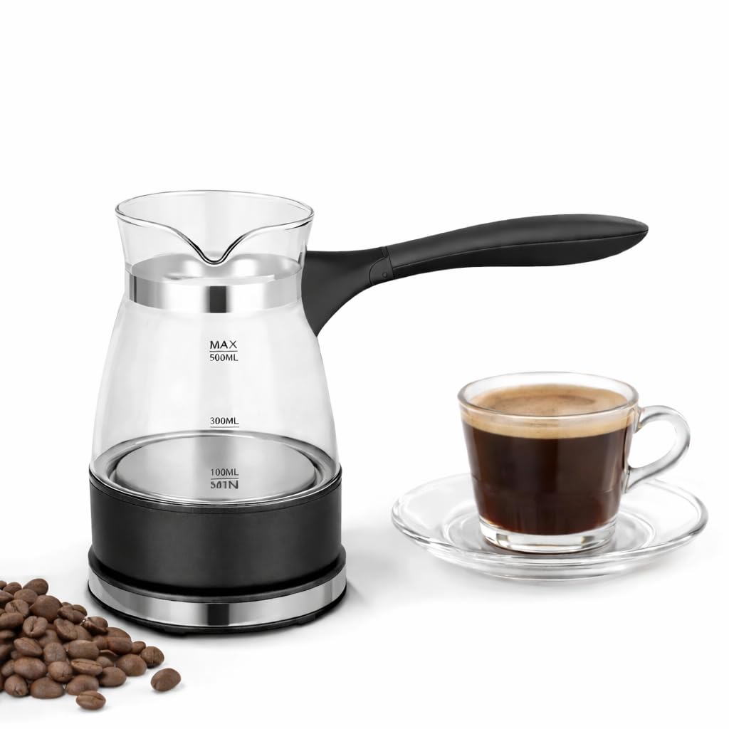 Electric Glass Turkish Coffee Kettle, 600W Fast Heat, 500Ml Capacity, Black And Clear Design With Ergonomic Handle, Power Switch