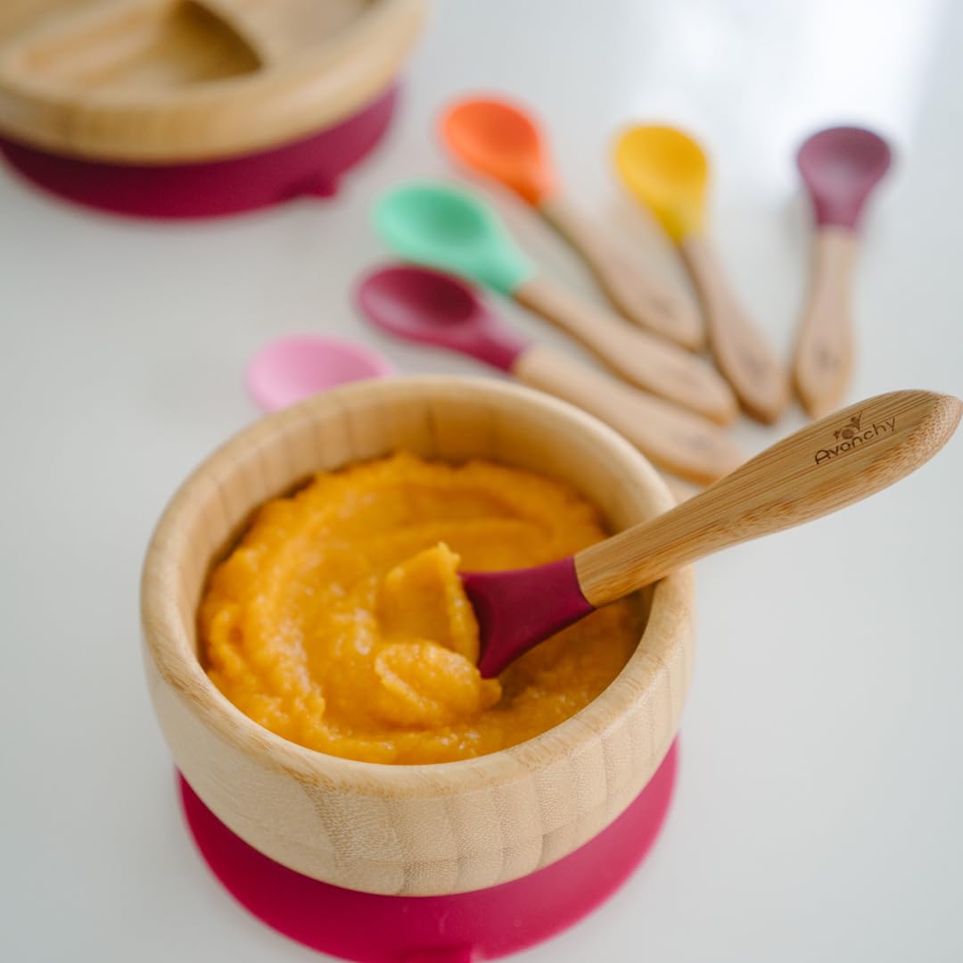 Avanchy Baby Spoons 5 Bamboo and Silicone Set  Self Feeding Food Utensils  4 Months Baby Led Weaning  5 Pack W/Blue