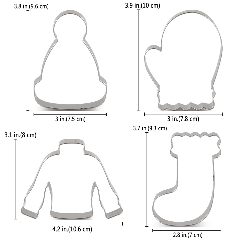 Liliao Winter Holiday Christmas Cookie Cutter Set - 4 Piece - Ugly Sweater, Stocking, Hat And Mitten Fondant Biscuit Cutters - S