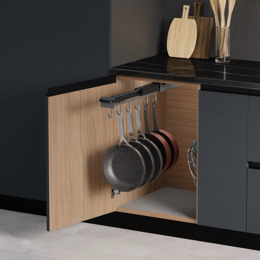 Pan Hanger Rack - Soft Close, With 6 Hooks, Weight Capacity Of 20Kg, Anthracite Finish, Steel, Zink, Mild Steel, Dimension 49 X 