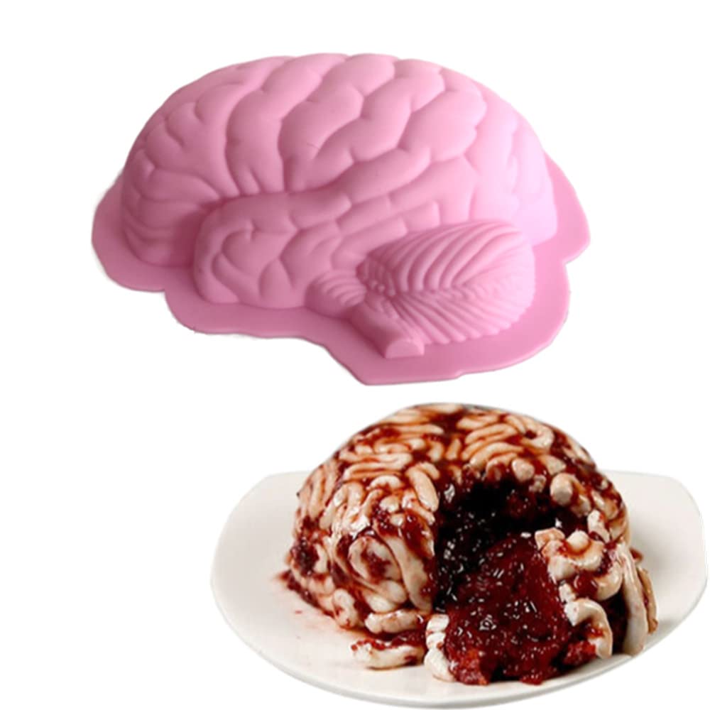 Silicone Brain Shape Mold, 3D Diy Brain Mold Brain For Fondant Cake Mould Puddings Chocolates Sugar Ice Cubes Halloween (Pink)