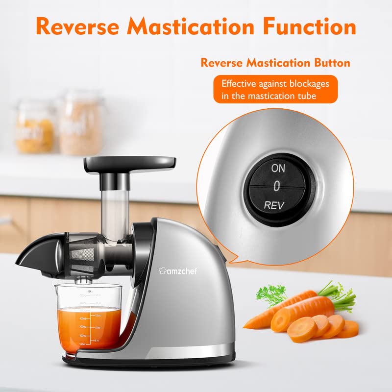 Masticating Juicer Machines  AMZCHEF Slow Cold Press Juicer with Reverse Function  High Juice Yield  Easy Clean with Brush Recipes for High Nutrient Fruits and Vegetables  Gray(Updated)