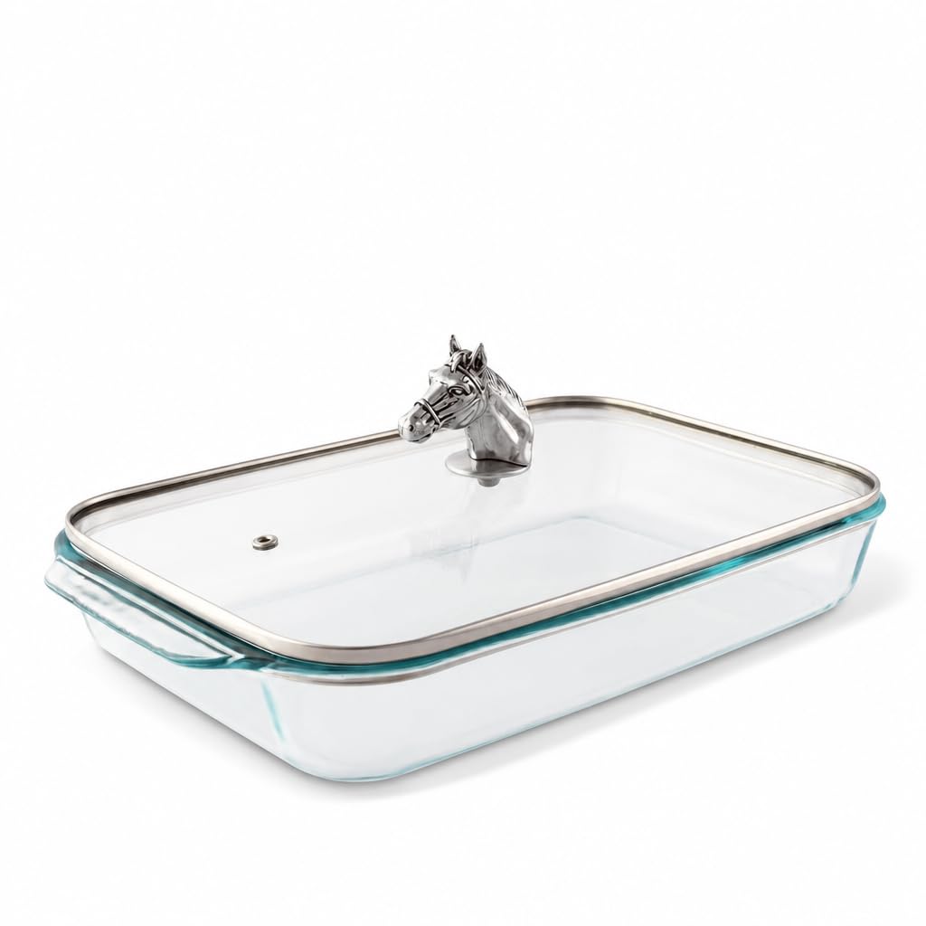 Arthur Court Equestrian Glass Casserole Dish with Metal Horse Handle  3 Quart Baking Dish for Serving  9.25 x 13.5 Inches