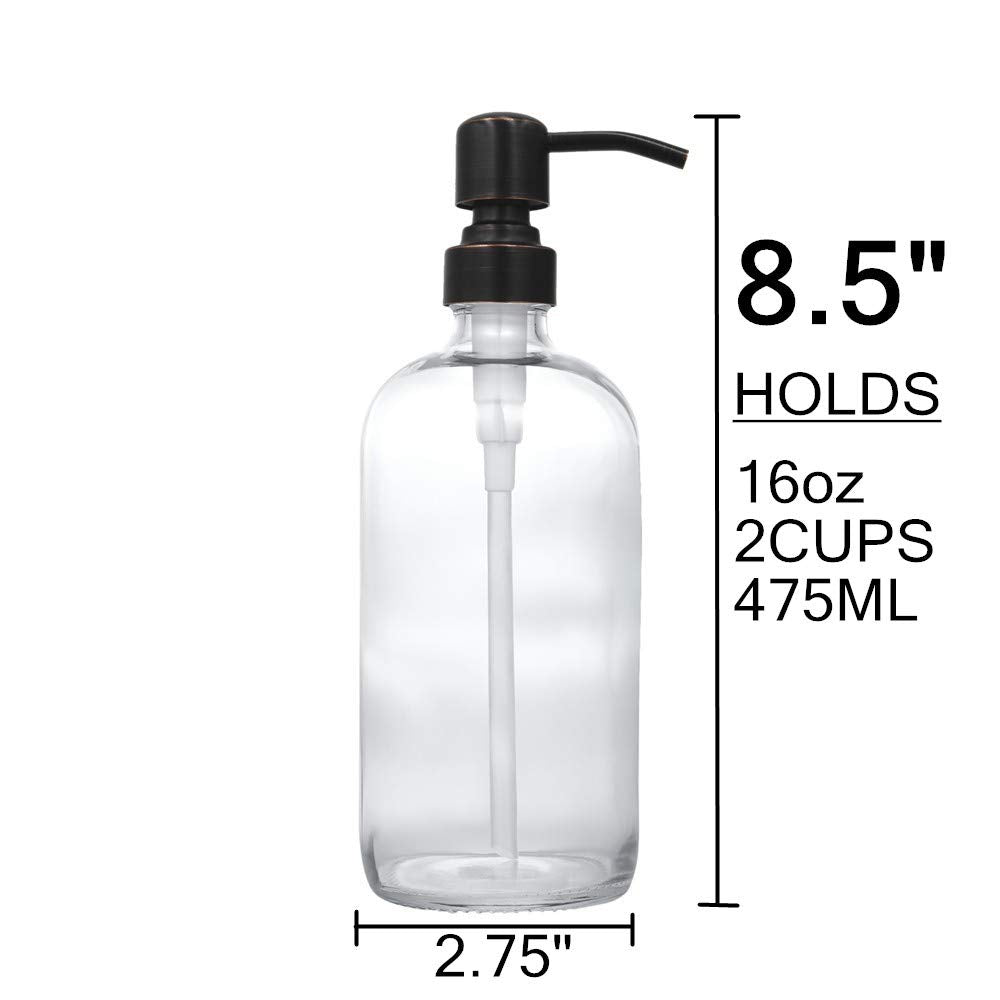 2 Pack Thick Clear Glass Boston Round Bottles /Oil Rubbed Bronze Stainless Steel Pumps, 16 Ounce Jar Soap Dispenser With Rustpro