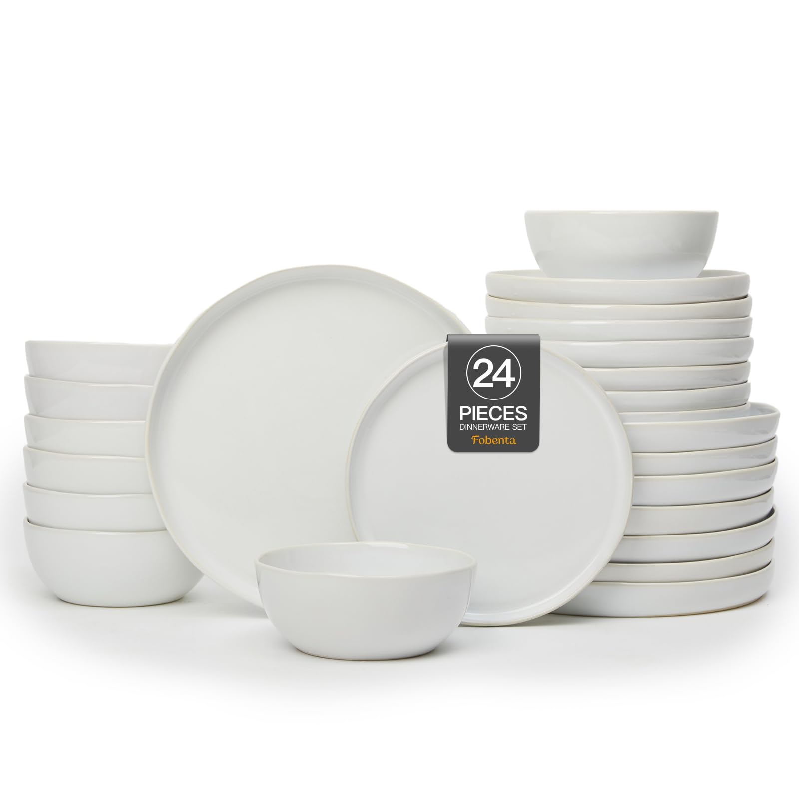 FOBENT Minimalist Dinnerware Set,24 Piece Fog White Plates and Bowls Set for 8 - Sculpted Ceramic Dish Sets for Gatherings with 