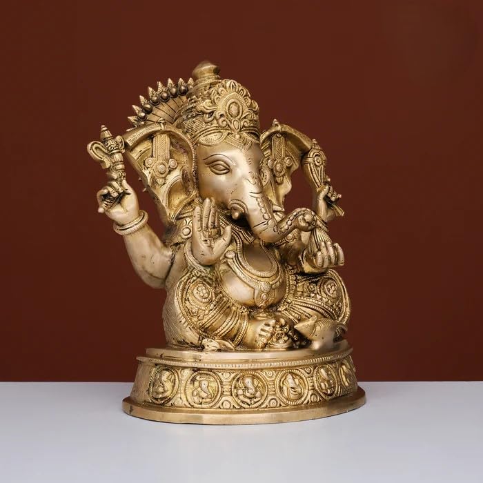 Brass Ganesha Statue With Mosaic, Handcarving Of Astavinayak In The Bottom 27.5 Cm Brass Ganesh Idol, Ganpati Idol House Warming