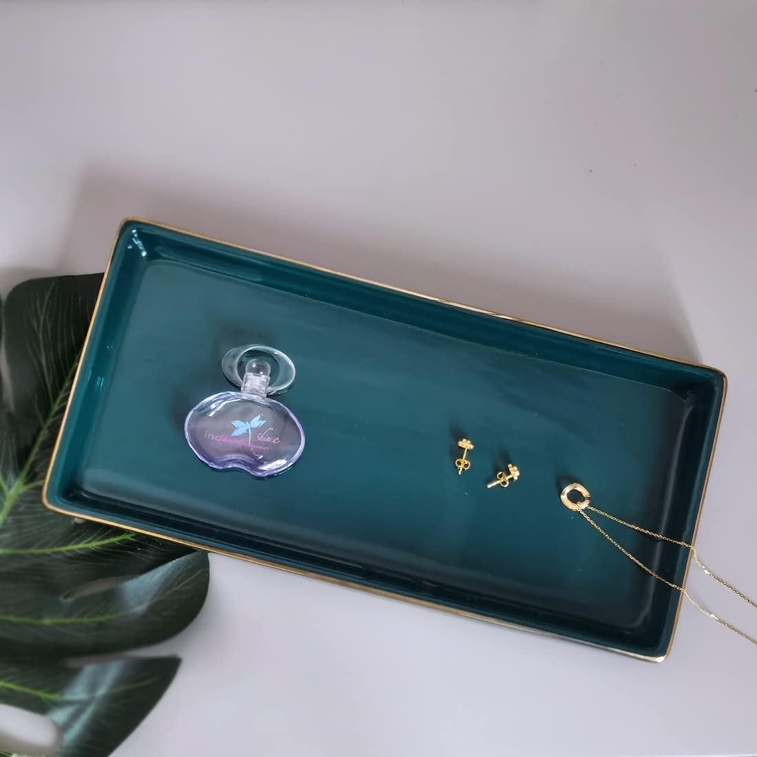 10 X 5 Ceramic Bathroom Tray For Countertop, Decorative Vanity Tray For Dresser Tops, Small Rectangular Trays For Perfume, Candl