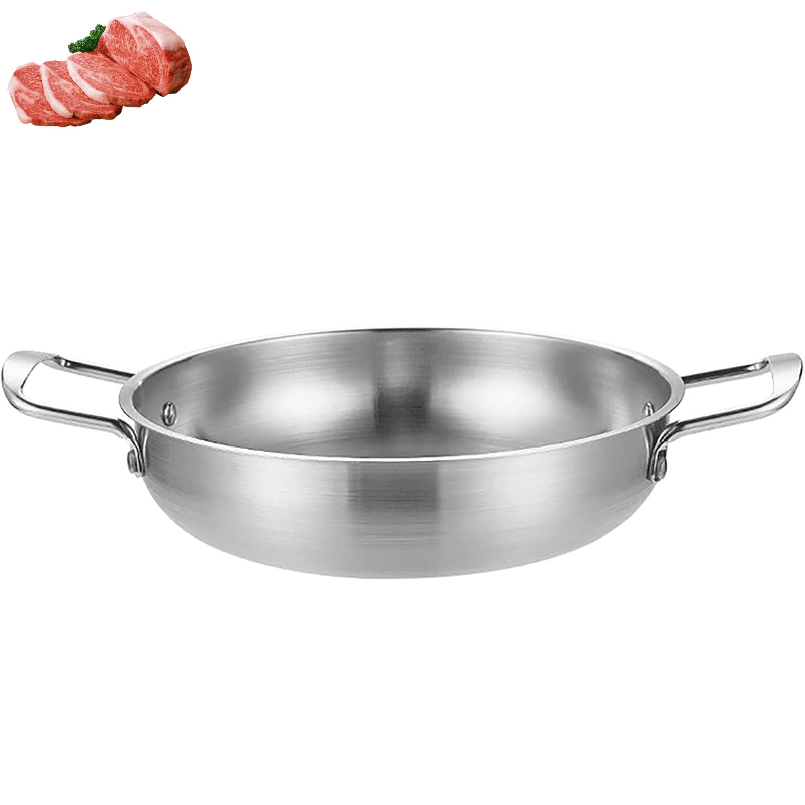 lvifloae Double handled stainless steel thickened frying pan 1350ml Suitable for cooking steaming and frying (Silver)