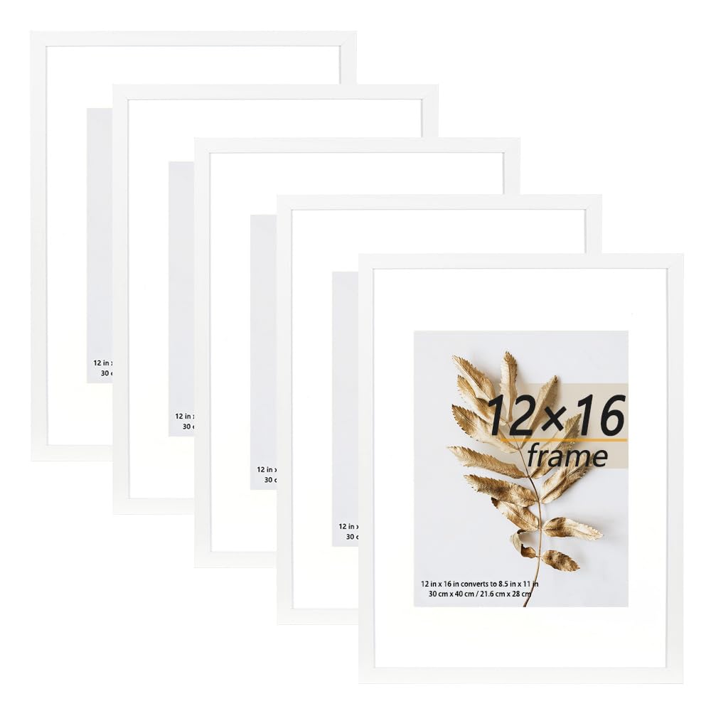 Hogaryo Set of 5 12x16 Picture Frame White can Display 8.5x11 Picture with Mat or 12x16 Without Mat on the Wall