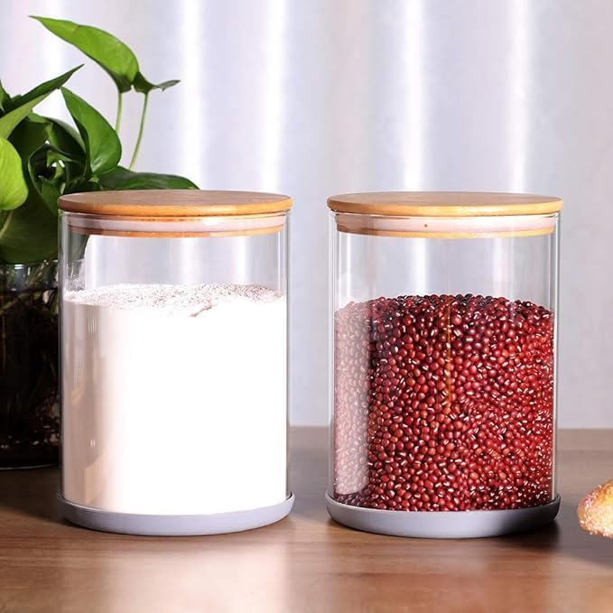 Konssee Kitchen Storage Borosilicate Glass Jar Container With Air Tight Bamboo Wooden Lid, Crystal Clear, 1050 Ml (Set Of 2 Pc)