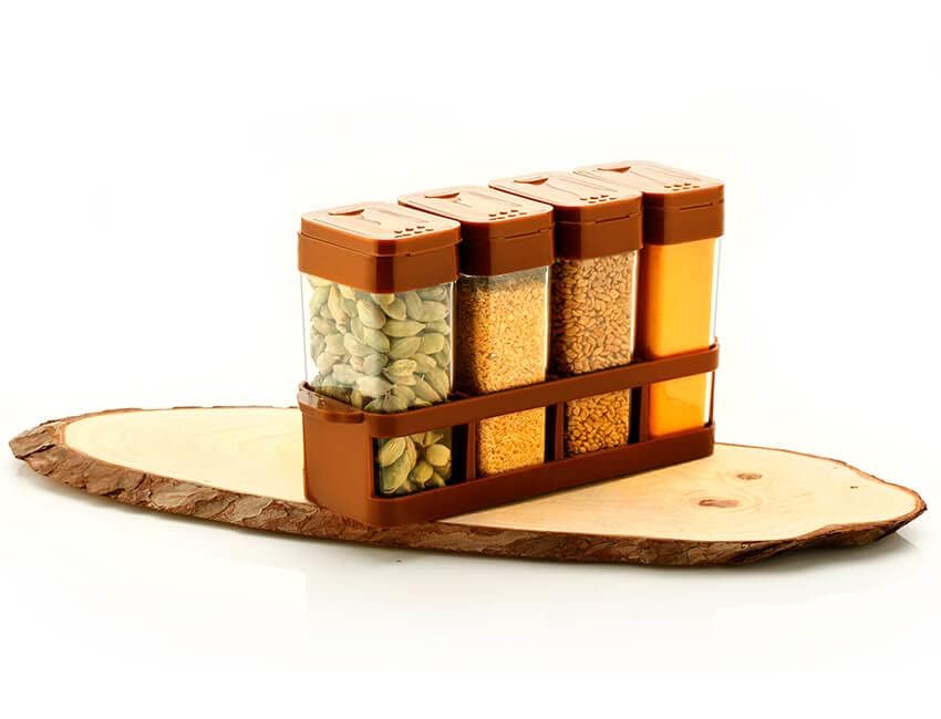 Touchcart Multipurpose 4 Pcs Spice Rack & Masala Box Set Airtight Condiment Containers With Black Flip Lids & Organizer Tray Kit