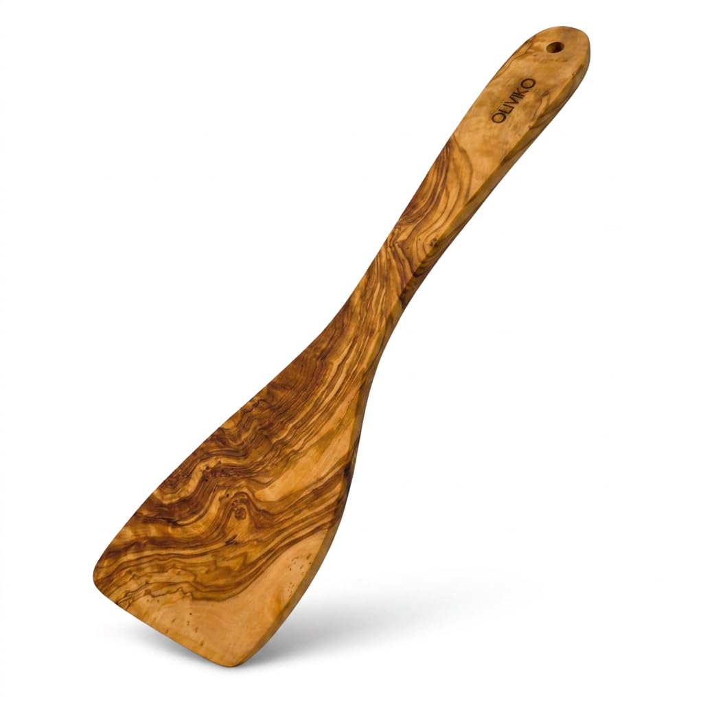 OLIVIKO Olive Wood Spatula  Handcrafted 100% Natural Olive Wood Cooking Spatula, BPA Free, Food Safe, NonStick Safe