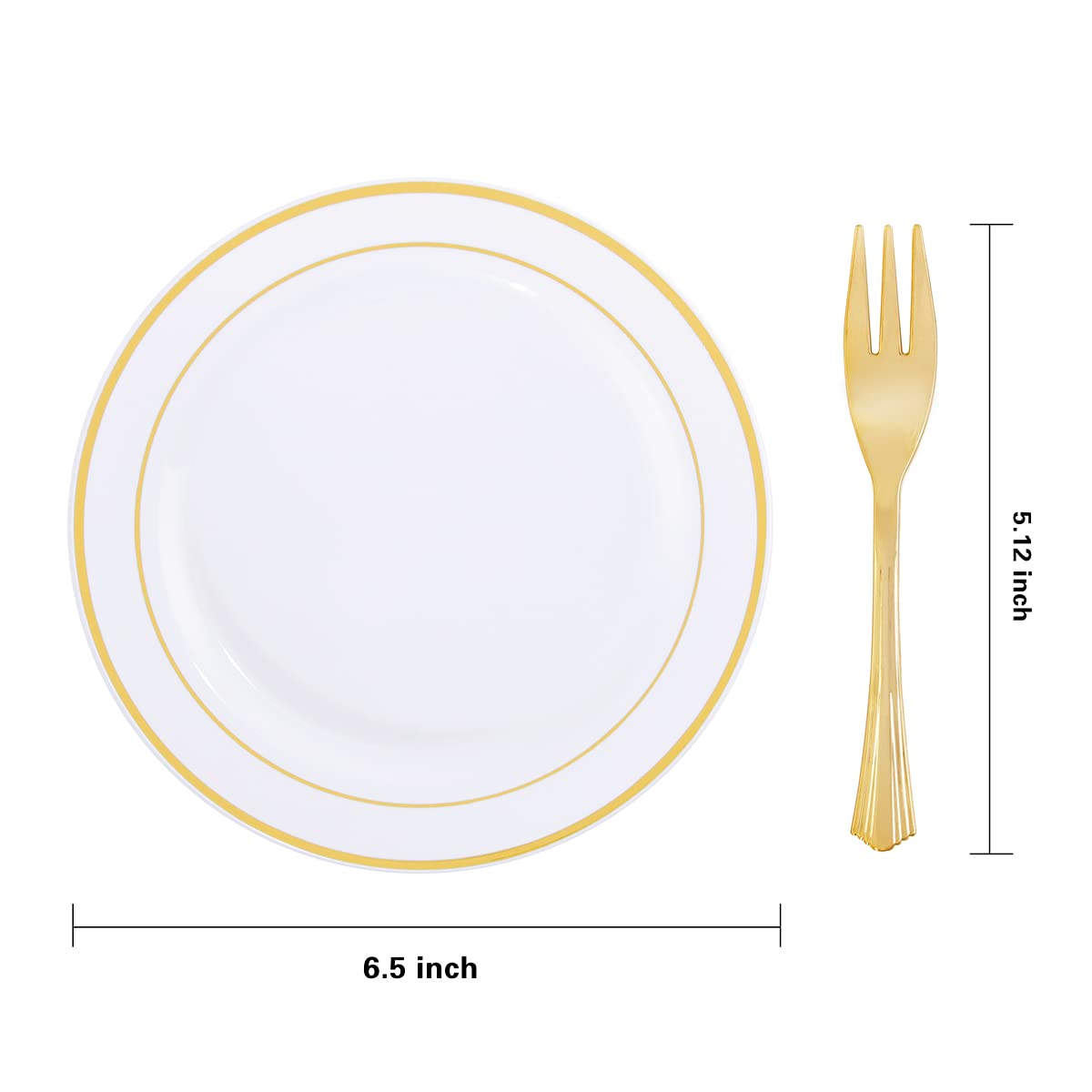 Wellife 120 Pcs Gold Plastic Dessert Plates And 120 Pcs Gold Forks, 6.5 Inch Disposable Salad Plates, Premium White Appetizer Pl