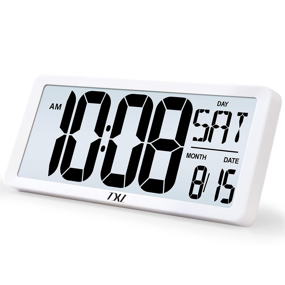 TXL Large Digital Wall Clock with Backlight, 14.2 Battery Operated Alarm Clock with Day, Date & Temperature, Jumbo Display Digit
