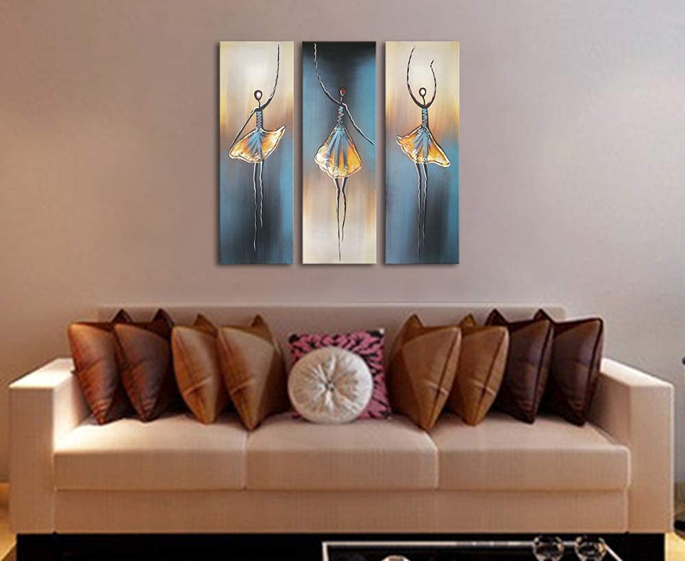 Wieco Art 3 Piece Dancing Ballerina Canvas Oil Paintings Wall Art Decor Large 100% Hand Painted Modern Gallery Wrapped Grey Ball