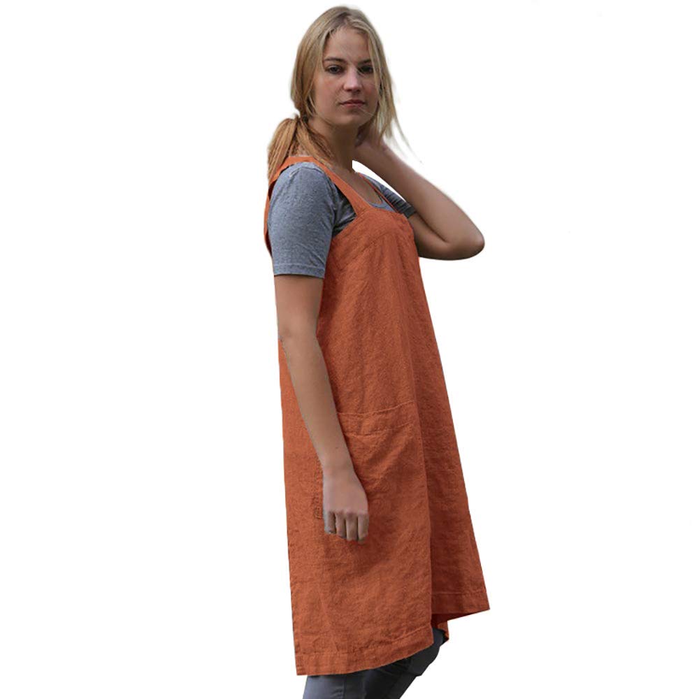 Women 'S Pinafore Square Apron Baking Cooking Gardening Works Cross Back Cotton/Linen Blend Dress With 2 Pockets Orange-Xl