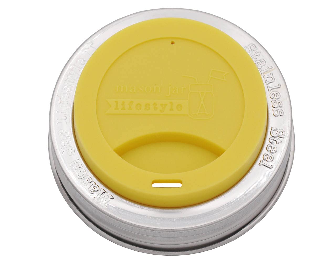 Silicone Drinking Lids With Rust Proof Stainless Steel Bands By Mason Jar Lifestyle (2 Pack, Lemon Yellow, Regular Mouth)