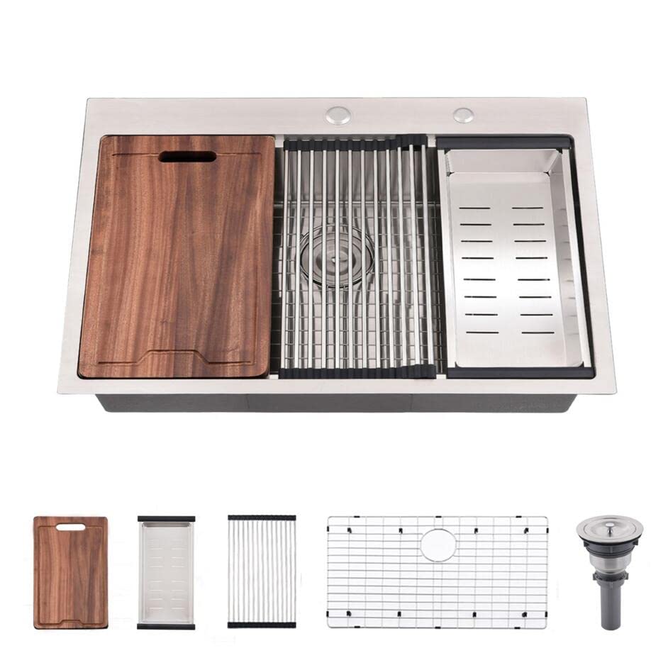 30-Inch Drop In Kitchen Sink Workstation - Vokim 30 X18 Inch Single Bowl Kitchen Sink 16 Gauge Stainless Steel 10'' Deep Handmad