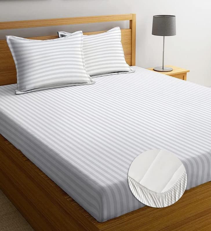 NHD HOME 100% Cotton Solid/Stripes 220 TC Elasticated Fitted King Size Bedsheets with 2 Pillow Covers | Breathable | Size 78X72
