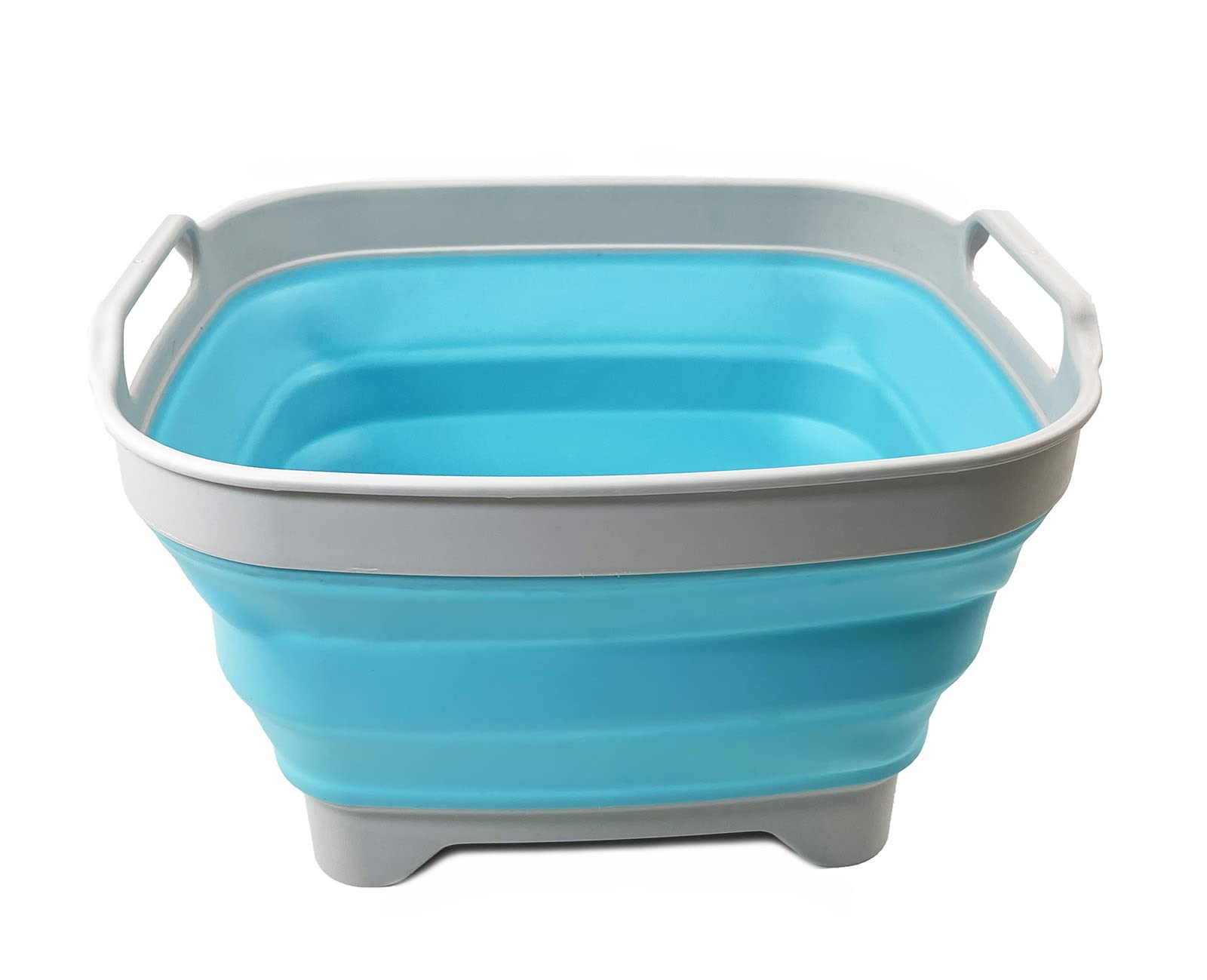 SAMMART 7.5L (2 Gallons) Collapsible Dishpan with Draining Plug - Foldable Washing Basin - Portable Dish Washing Tub - Space Saving y (Grey/Cyanine  1)