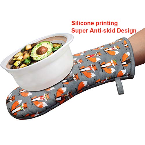 Oven Mitts Gloves 1 Pair Heat Resistant 480 ? Non Slip Clear Silicone Printed Fox Comfortable Cotton Lining Kitchen Women Men Co