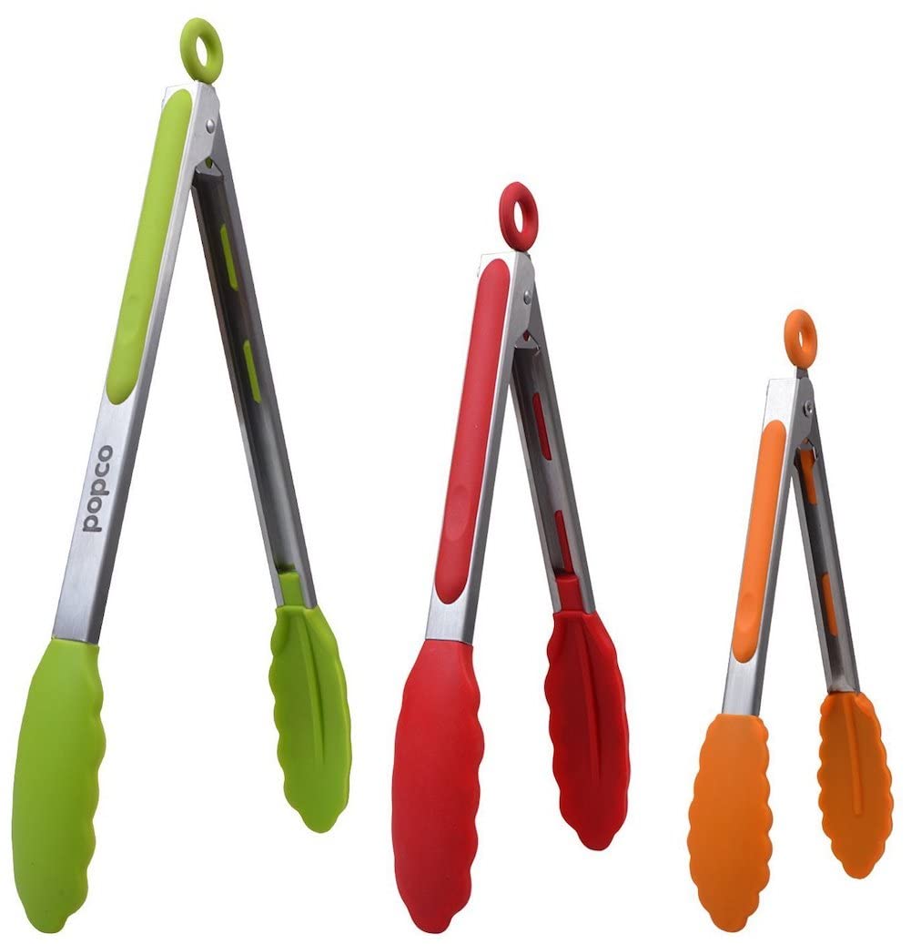 Popco Silicone Tongs For Cooking (3 Food Tongs X 7/9/12'') Heavy Duty Stainless Steel Bbq Kitchen Tongs For Cooking, Grilling, C