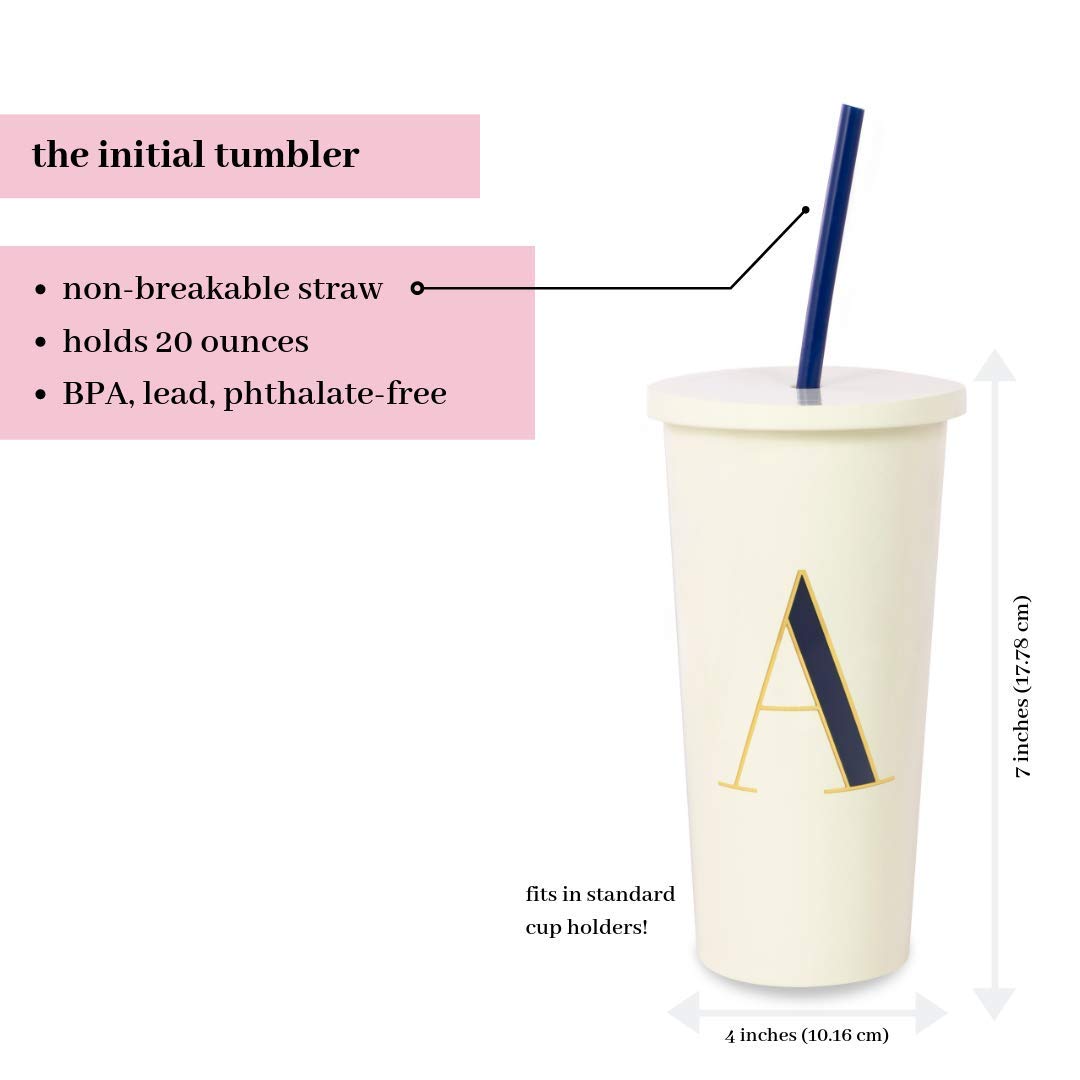 Kate Spade New York Insulated Initial Tumbler With Reusable Straw, 20 Ounce Acrylic Travel Cup With Lid, A (Navy Blue)
