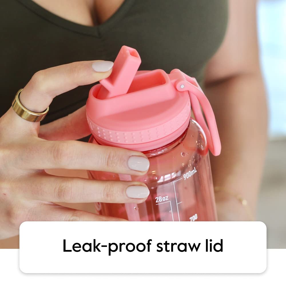 Takeya 32 Oz Motivational Water Bottle With Straw Lid With Time Marker, Premium Quality Bpa Free Tritan Plastic, Flutter Pink