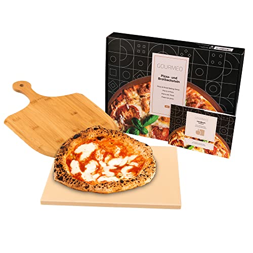 Gourmeo Pizza Stone Pan And Wooden Pizza Paddle - 15X11.8X0.6 Inch - Cordiete Bread Beaking Stone W/Pizza Peel - Suitable For Ov