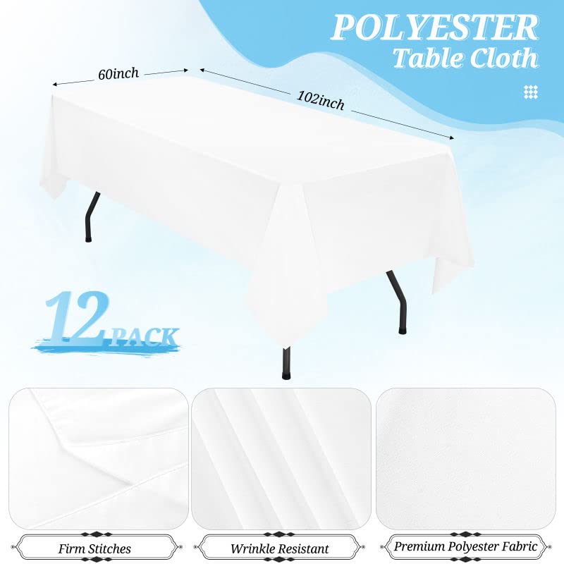 Mtreo 12 Pack White Tablecloth 60 X102 Inch Polyester Table Clothes For 6 Foot Rectangle Tables Wrinkle Resistant Washable Polye