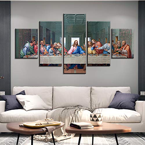 Fu-Keivy The Last Supper Wall Decor Jesus Canvas Wall Art Frame Pictures For Dining Room Kitchen 5 Piece Painting Wooden Framed