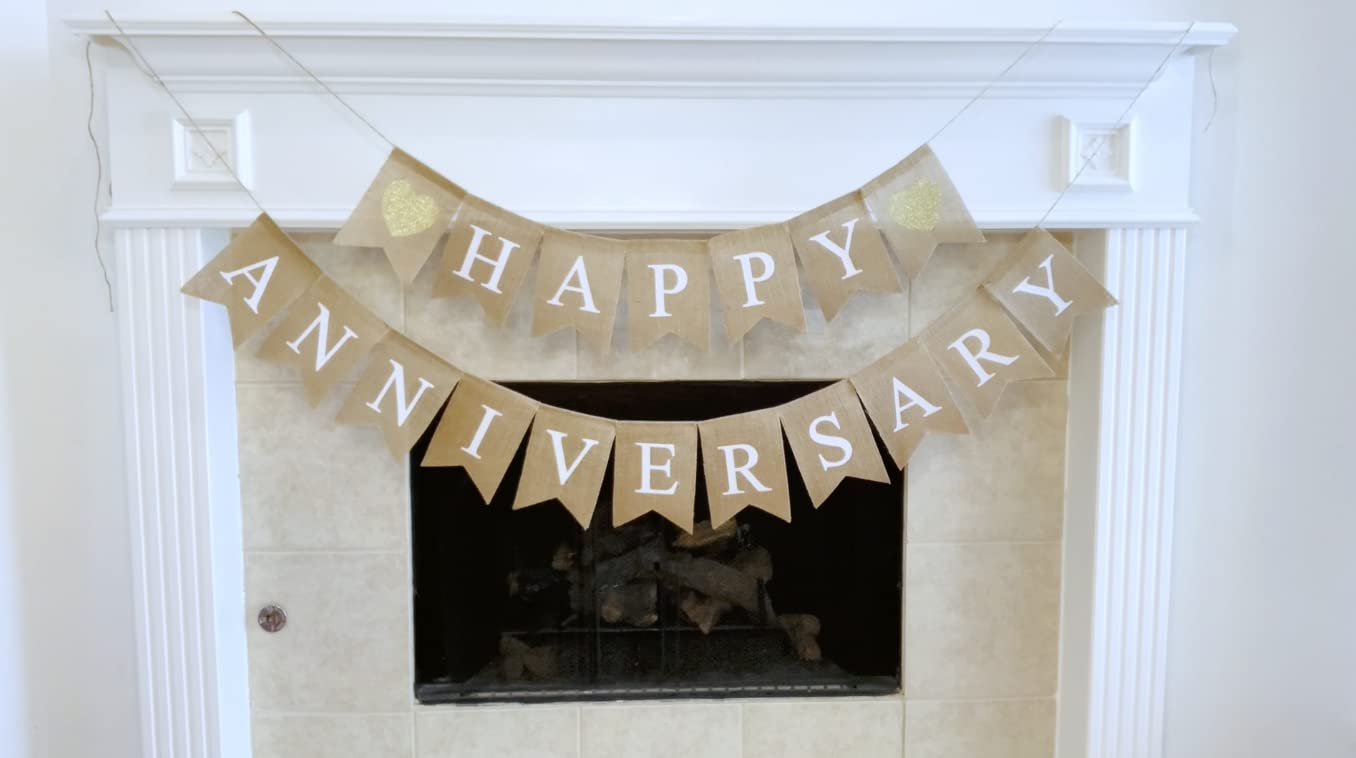 Shimmer Anna Shine Happy Anniversary Burlap Banner For Wedding Anniversary Decorations With Gold Glitter Hearts