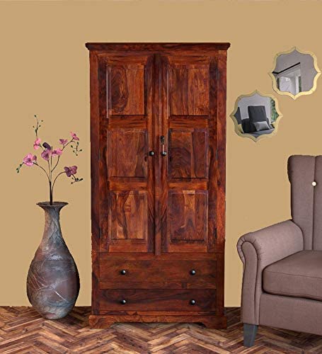 Gr Furniture Wooden Wardrobe For Bedroom | Wood Almirah For Home With 2 Door & 2 Drawers Storage For Home | Sheesham, Honey Oak
