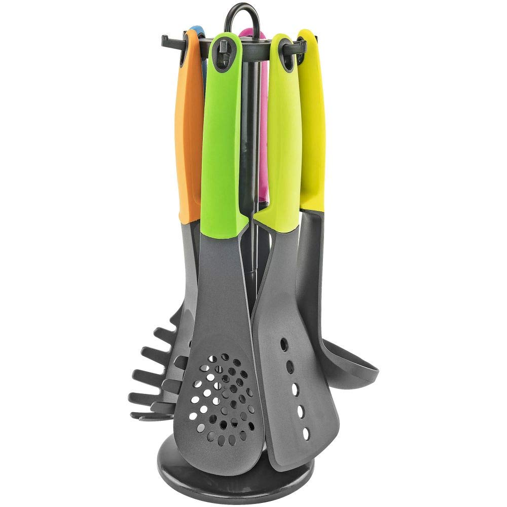 Plastic Kitchen Utensils Set of 7 with Holder  Includes Ladle, Spatula, Spoon, Spaghetti Server, and More
