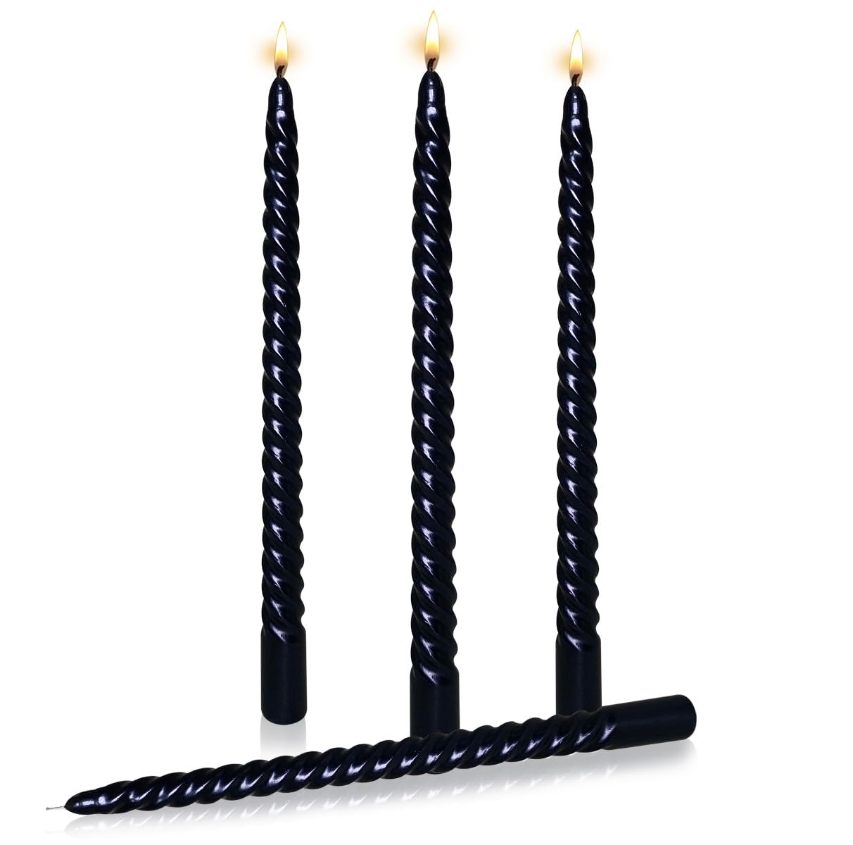 Taper Candles, Glossy Metal Style Halloween Candles Ture Dripless Black Taper Candles Set of 4,Smokeless Candles,Unscented Taper