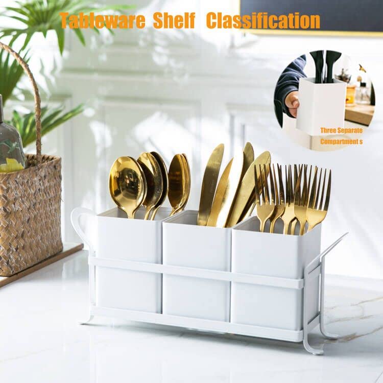 Nelybet White Metal Utensil Caddy, 3 Compartments, Portable Design, Perfect For Countertop, Outdoor, And Camping