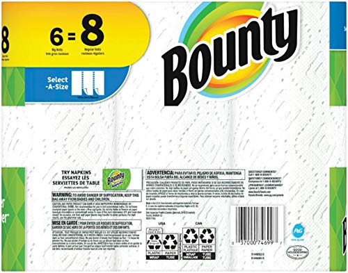 Bounty Select-A-Size Paper Towels, White, Big Rolls, 6 Count Of 74 Sheets Per Roll, 6 Count (Pack Of 1)