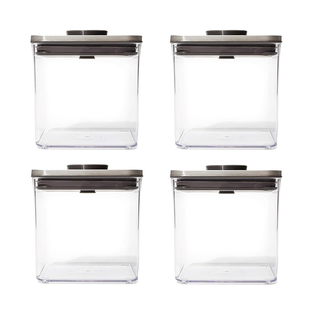 OXO Steel POP Container Big Short Sqaure  2.8 Qt (Pack of 4) Airtight Food Storage Containers for Cereal, Grains & More, Grey