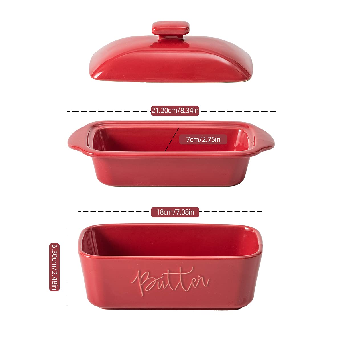 FE Butter Dish  10 oz Ceramic Butter Keeper with Water Line  French Butter Dish with Lid for Countertop (Apple Red)