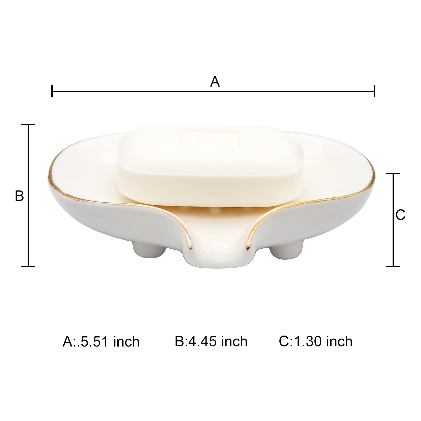 Polyroyal White Soap Dish Ceramic Self Draining Soap Dish Waterfall Slot Gold Edge Bathroom Accessories for Bathroom  Kitchen Bar Counter