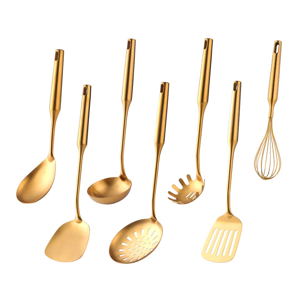 Kitchen Utensil Set -7Pcs Gold 18/8(304) Stainless Steel -Wide Spatula,Soup Ladle,Strainer Ladle,Slotted Spatula,Spaghetti Serve