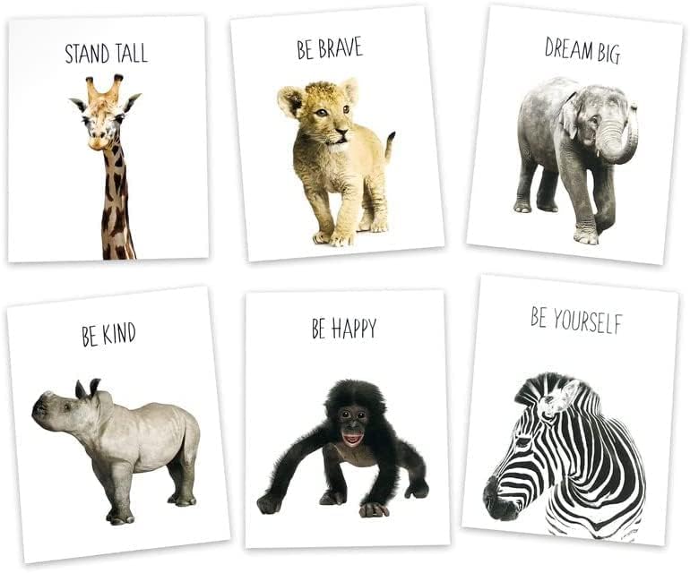 FUNNY PARTY PIECES Set of 6 Safari Animal Prints - Nursery Bedroom Decor For Children Baby  Nursery Wall Art - Jungle Safari Decor - Cute Prints With Inspiring Messages