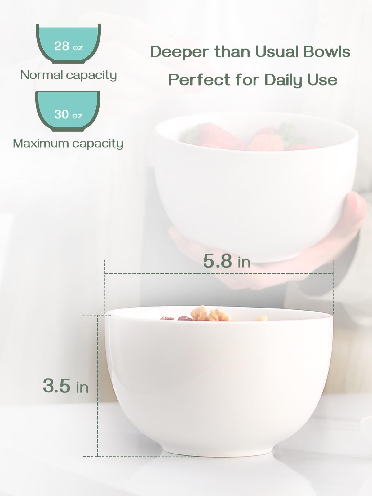 Dowan 5.8  Deep Soup Bowls & Cereal Bowls - 30 Ounces Large Bowls Set Of 4 For Kitchen - White Ceramic Bowls For Cereal, Soup,