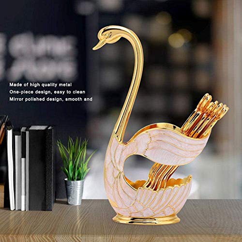 Metal Coffee Dessert Dinner Spoon Set, Teaspoon Fruit Dessert Flatware Swan Base Holder Metal Coffee Spoon Organizer With 6Pcs C