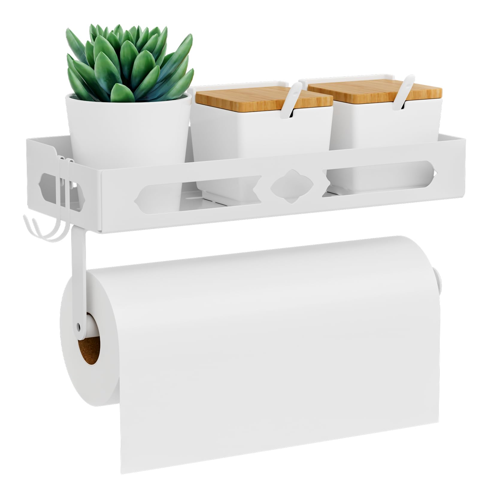 White Paper Towel Holder Wall Mount with Shelf - Adhesive Hand Towel Rack, Space-Saving for Bathroom, Kitchen, RV Camper